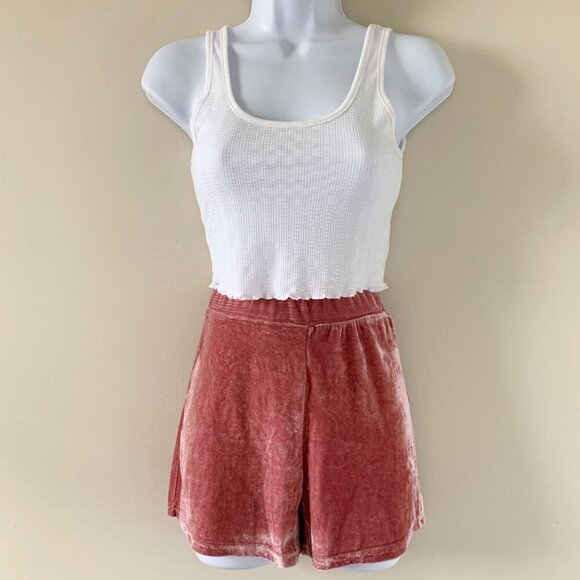 Women's Shorts Crushed Velvet Velour High Rise Waist Elastic waistband Rose Pink - Picture 13 of 14